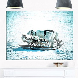 Designart Dogs on Reindeer Sleigh-Oversized Animal Metal Wall Art-40x30, 40x30, Blue