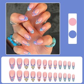 French Tip Press on Nails Medium Almond Fake Nails with Designs Colorful Flower Acrylic False Nails Glue on Nails Artificial Full Cover Nail Supplies Stick on Nails for Women 24 Pcs