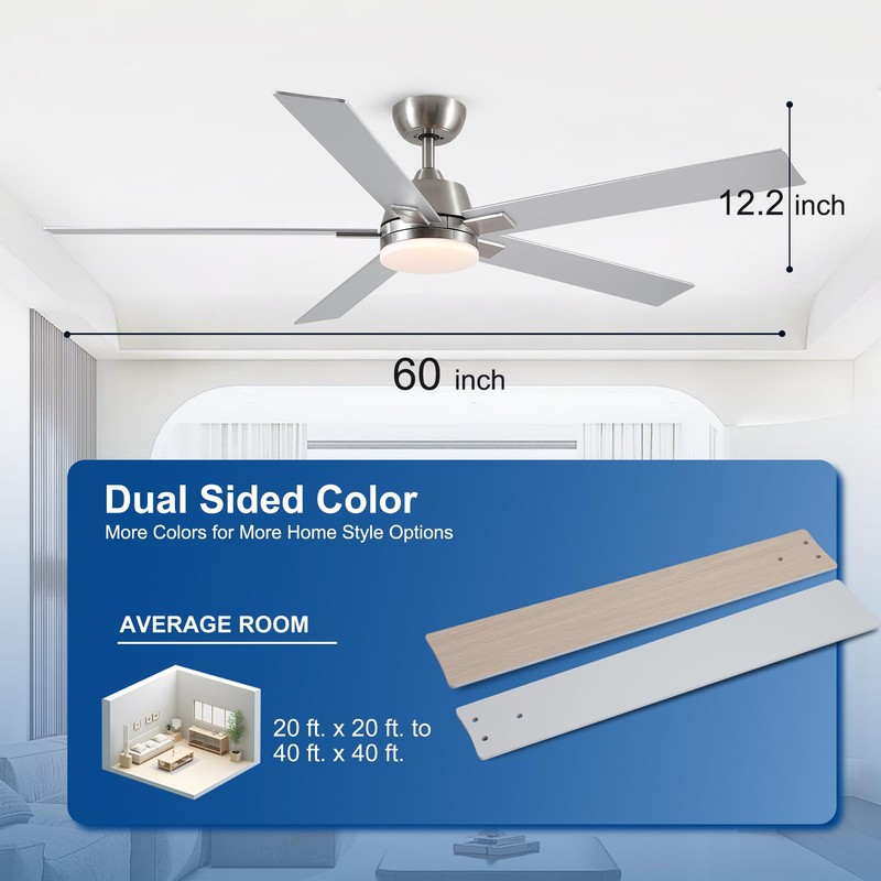60 Inch Ceiling Fans with Lights and Remote, 6 Speed