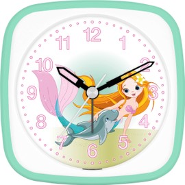 Eurotime Wecker für Mädchen mit Meerjungfrau Delphin, Mint Weiß, Kinderwecker, Kunststoffgehäuse und Kunststoffglas, geräuscharmer Wecker, kein Ticken, mit Licht und Weckwiederholung, 27035-04