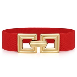WHIPPY Women Wide Elastic Waist Belt Fashion Hollow Out Square Gold Buckle Stretchy Belt Waistband for Ladies Red L