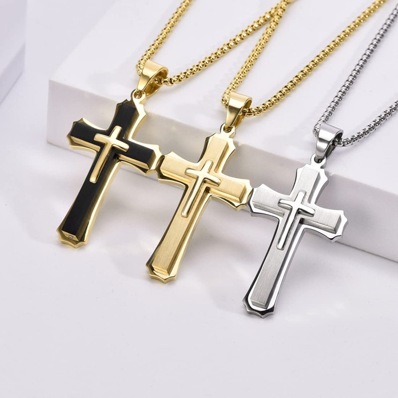 Rockyu Men's Necklace, Silver, Venetian Chain, Stylish, Cross Pendant, Birthday,