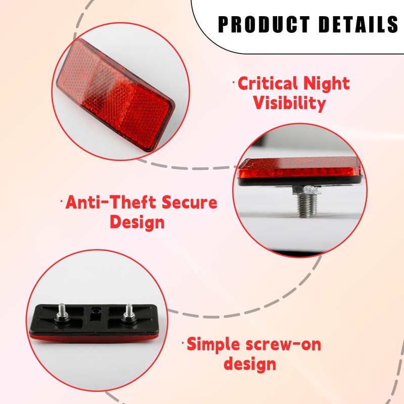 Bojueshaw 2pcs Motorcycle Safety Reflectors,Red Rectangular Screw-Mount Reflectors for Safety