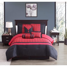 Chezmoi Collection Dynasty Jacquard 7-Piece Comforter Set Black/Red (Queen)