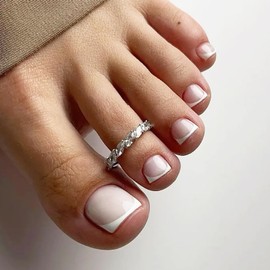 French Tip Toe Nails - 24PCS Short Square Stick on Toenails - 12 Sizes Nude Pink False Toe Nails with Glue - Glossy Full Cover Press on Toe Nails for Women Girls Daily Wear