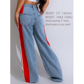 knowfashionstyle Womens Jeans High Waisted Wide Leg Patchwork Stripes Stretchy Jean Color Block Straight Trendy Demin Pants Red L