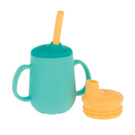 Nuby 3-Stage Training Cup Set - Silicone Tumbler with Spout and Straw Combo - 4 oz - 6+ Months - Aqua and Yellow