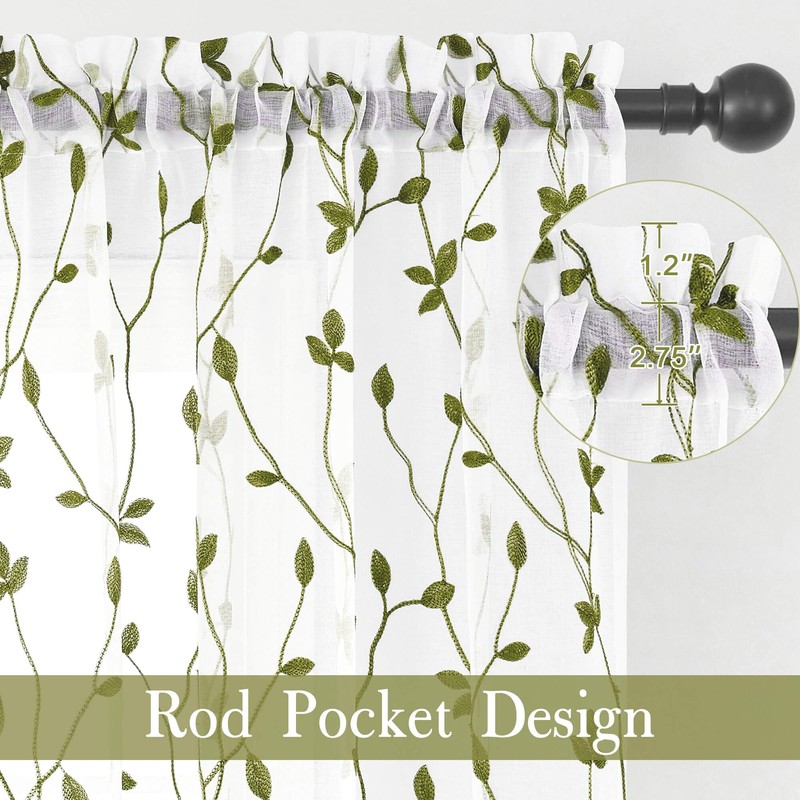 WUBODTI Sage Green Leaf Embroidered Sheer Curtain 72 Inches Long