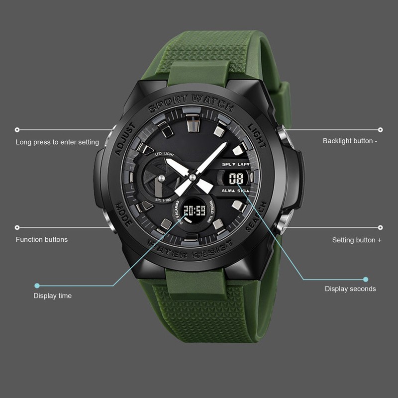 Quartz Electronic Watch Casual Double Movement Waterproof Dual Display Luminous
