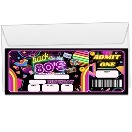 Wybgno Retro vintage Birthday Party Invitation Cards for Adults, 20 Back To The 80s Theme Ticket Invites with Envelopes, Party Favor & Supplies (3×8inch)-A08