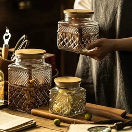 Livejun Glass Storage Jars Vintage Embossed Canisters Food Cereal Storage Containers with Bamboo Lid, Decorative Jars for Kitchen Counter,Pantry,Set 3-Piece Glass Jars in 60oz/40oz/20oz (Square)