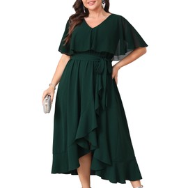 Women Plus Size Long Formal Dress Short Sleeve Chiffon Ruffle V Neck High Low Split Wedding Guest Maxi Dresses Emerald Green