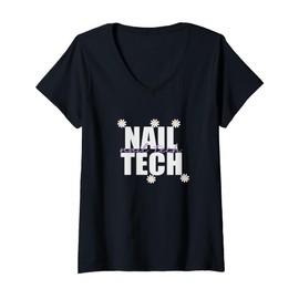 Womens Nail Tech Flower Nail Tech V-Neck T-Shirt