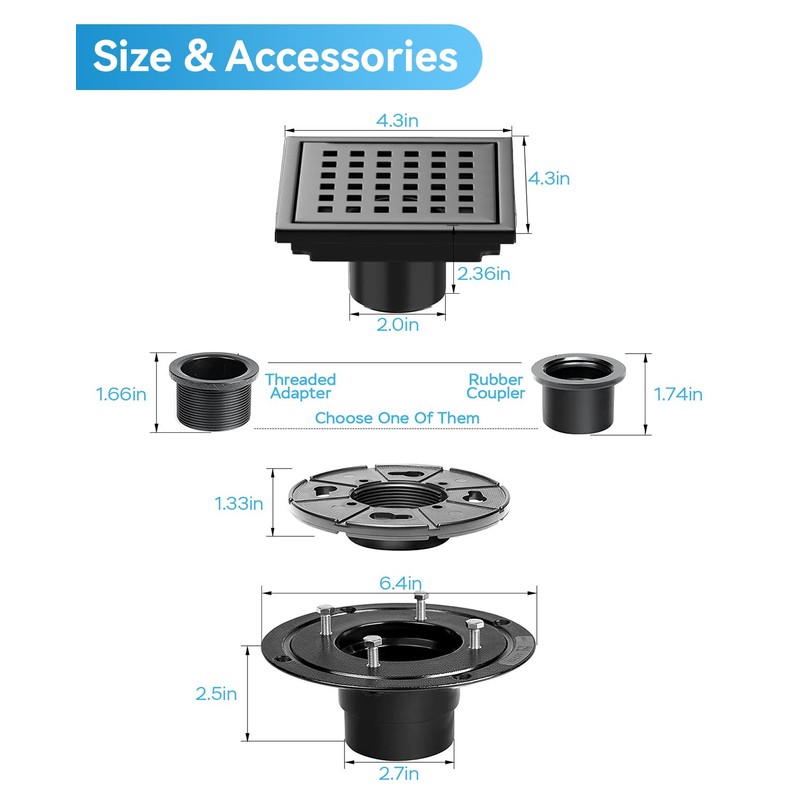 HTOH Black Shower Drain 4 Inch with Flange CUPC Certified-