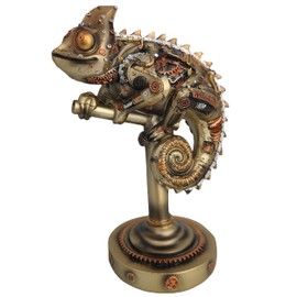 GENUINQ Steampunk Lizard Chameleon Statue Hand Painted Sculpture Resin Cyborg Sci-fi Collectible Figurine with Cool Gear for Home Table Book Shelf Man Cave Decor Gold