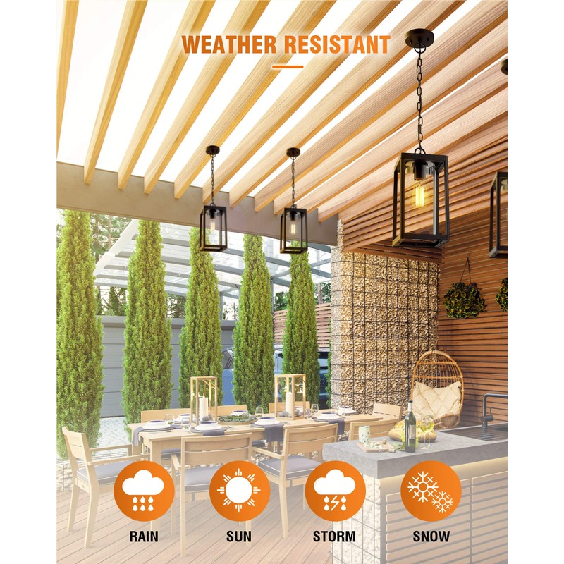 Beionxii Outdoor Pendant Light, Modern Exterior Hanging Porch Lantern, Black