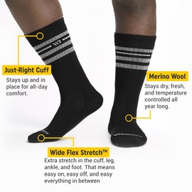Wide Open Crew Men's Socks - Merino Wool Socks for Men, Vintage Stripe Everyday Wide Socks, Crew Socks for Wide Feet - Black, Large