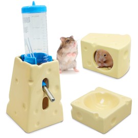 PINVNBY Ceramic Hamsters Hideout, Hamster Food Bowl and Water Bottle with Stand Ceramic Cheese Hamster Cage Accessories for Campbell Gerbil Dwarf to Eat Drink and Play in Habitat(4 PCS)