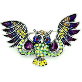 Unbranded Wise Owl Wings RHINESTONE Enamel Necklace Pendant Brooch Purple Green