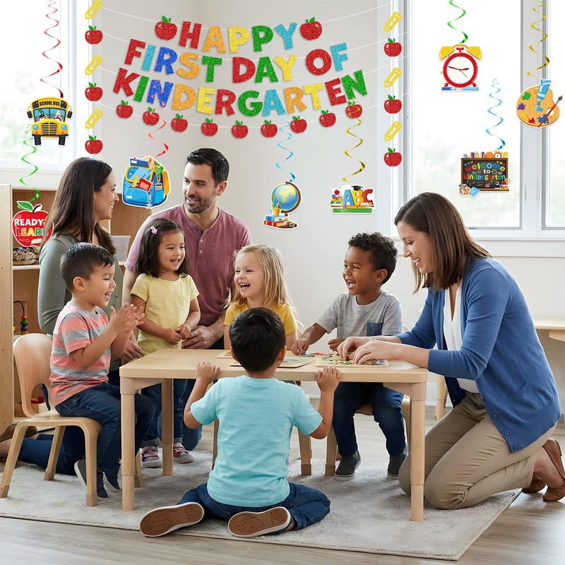 First Day of Kindergarten Decorations Banner with Hanging Swirls