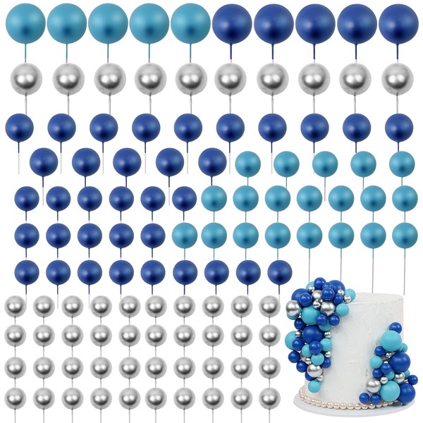 Acmee - 115 decoraciones para tartas de bolas, mini globos para decoración de tartas, bola de espuma, púas para cupcakes, decoración de tartas para fiestas de cumpleaños, bodas, baby shower (azul, plata)