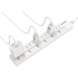 FUMITAKE Power Tap, 3.3 ft (1 m), 6 Ports, 1500W, 180° Swing Plug, Lightning Guard, Dustproof Tap, Power Saving, 3.3 ft (1 m), Dust Shutter, White, Non-Flashing, Individual Switch, Swing Plug, Wall