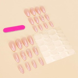 Almond Press on Nails Nude Fake Nails with 3D Pearl Medium False Nails Press ons with Designs Acrylic Nails Full Cover Glossy Glue on Nails Stick on Nails for Women Girls Manicure 24 Pcs
