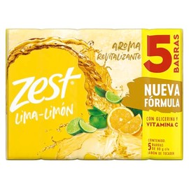 ZEST Pack de 5 Jabones en barra Lima-Limón, para una piel visiblemente saludable y revitalizada, con glicerina y vitamina C 5 barras de 90 g c/u