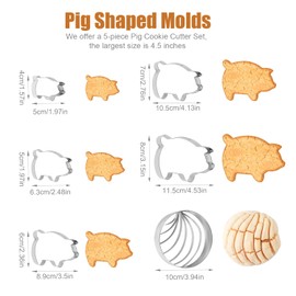 6pcs Cookie Cutters, 5 Sizes Pig Cookie Cutter with Concha Cutter Stainless Steel Concha Cutter Pig Animal Shape Cookie Stamps Cutter Mexican Bread Mold for Baking