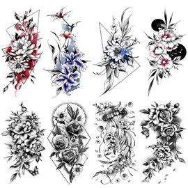 Acevegue Temporäre Tattoos set, 12 Blätter Groß Schwarz Rose Blumen Fake Tattoos zum Aufkleben für erwachsene Frauen Damen, Wasserfest Realistische Sexy 3D Temporary Tattoos auf dem Arm Beine Hals