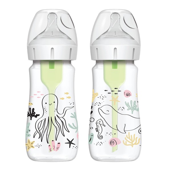 Dr. Brown’s Natural Flow Anti-Colic Options+ Wide-Neck Baby Bottle Designer Edition Bottles, Ocean Decos, 9oz/270ml, Level 1 Teat, 2-Pack, 0m+