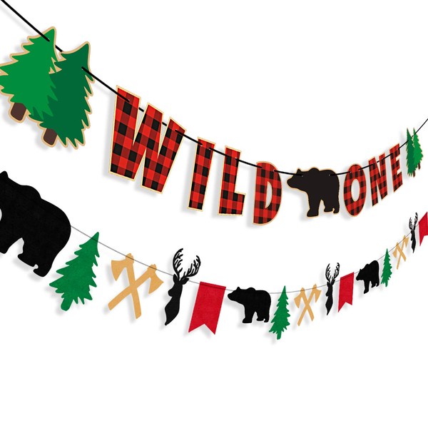 Lumberjack Banner Buffalo Plaid Wild One Banner, Woodland First Birthday Party Decorations