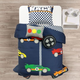 Lush Decor Racing Cars Reversible Oversized 4 Piece Comforter Set, Twin, Navy