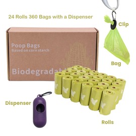 24 Rolls of Scented Durable Composite Biodegradable Doggie Poop Bags - Pet Poop Bags with Bag Dispenser and PVC Bag Holder with Leash Clips Set- 360 CT Leak Proof Waste Bags That are 9" x 13" inches