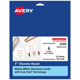Avery Round Business Cards with Sure Feed Technology, 3" Diameter, Matte White, 150 Round Cards Total, Print-to-The-Edge, Laser/Inkjet Printable Cards (5328)
