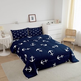 Manfei Summer Anchor Comforter Set Twin Size, Nautical Anchor Bedding Set 2pcs for Kids Boys Teens Bedroom Decor, Fashion Navy Blue Quilt Set Soft Polyester Duvet Set with 1 Pillowcase