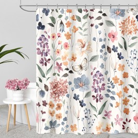 MAYZUS Floral Shower Curtain, Colorful Flower Fabric Shower Curtain for Bathroom, Cute Botanical Leaf Wildflower Bath Curtain Boho Vintage Rustic Trendy Cloth Shower Curtain Set, Ivory, 72x72