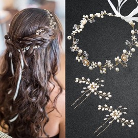 3 Pcs Bridal Wedding Headpieces,Wedding Hair Pins Set Pearl Rhinestone Wedding Hair Piece For Brides Bridesmaids Party Prom Etc,Comes With 16 Black Hidden Clips And A Bow Rubber Band