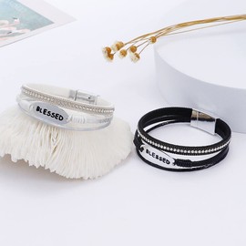 XLCTT Bohemian Faux Leather Wrap Multi Layer Statement Bracelet Cross Christian Religious Leatherette Cuff Crystal Rhinestone Metallic Bead Inspirational Bracelets