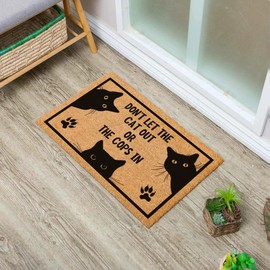 Funny Don’t Let The Cat Out or The Cops in Entryway Outdoor Floor Mat with Heavy-Duty PVC Backing Non Slip Cursive Natural Coconut Coir Brown Mat with Black Font 23.7 x 15.7 inch