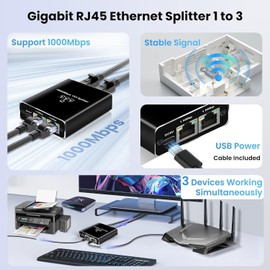 ZANZER Gigabit Ethernet Splitter 1 to 3, 1000Mbps High Speed with USB-C Power & RJ45 Port, [3 Devices Share Network], Compatible with Cat 8/7/6/5/5e Cables​