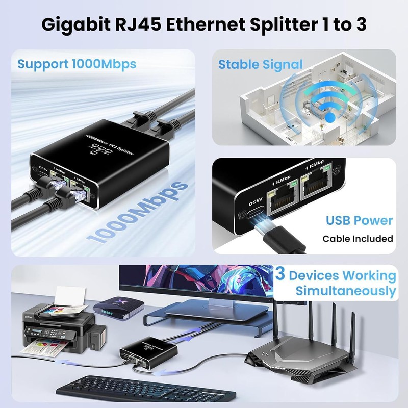 ZANZER Gigabit Ethernet Splitter 1 to 3, 1000Mbps High Speed