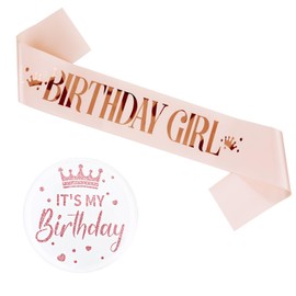 Birthday Girl Sash & Pin Badge Set, Rose Gold Birthday Girl Sash Satin Sash Party Funny Decorations Women Birthday Gift