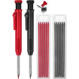 Carpenter's Pencil with 12 Pencil Leads, 2 Colours, Deep Hole Marker Pencil, Construction Site Set for Woodworking, 45 mm Long Nib, Construction Pencil, Carpenter's Pencil, Drill Hole Marker, Built-in