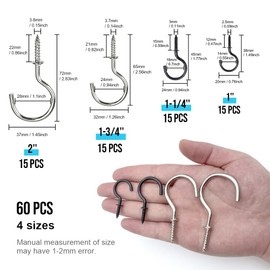 MUWINC Screw Hooks - Pack of 60 Nickel-Plated Screw-In Hooks for Ceiling, Hook Screws, for Hanging Items, Ideal for Indoor and Outdoor Use (4 Sizes)