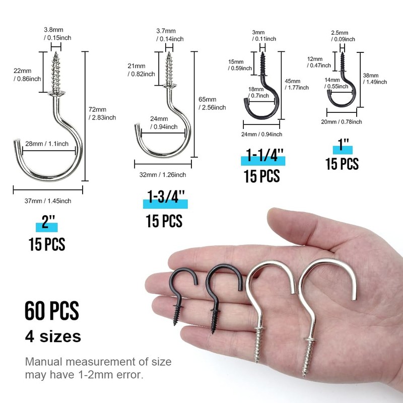MUWINC Screw Hooks - Pack of 60 Nickel-Plated Screw-In Hooks