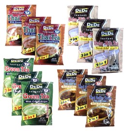 Dede Instant Tea Samplers (12. pcs) 3-in-1 Powder Thai Tea with Cream and Sugar, Thai Coffee, Boba Milk Tea, Green Tea with Cream and Sugar