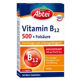 Abtei Vitamin B12 Plus Folic Acid - for Energy and Performance - High Dose with 500 μg Vitamin B12 and 200 μg Folic Acid, 1 x 30 Tablets