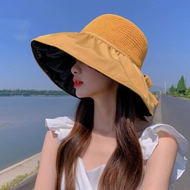 Lhyxuuuk Women's Hat, Sun Protection, UV Protection, Wide Brim, Heat Shielding Coating, Chin Strap, Straw Hat, Foldable, Portable, Convenient, Actress Hat, Ribbon, Cute, Outdoors, Sea, Walks, Travels,