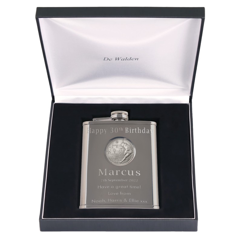 30th Birthday Engraved Hip Flask with Rugby Feature in Gift